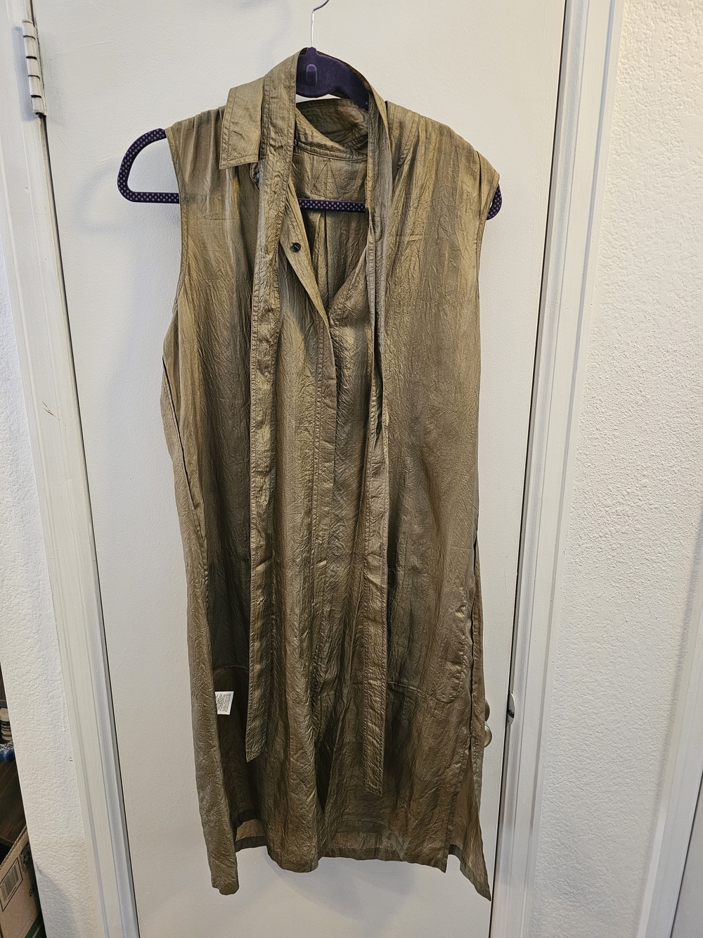 Pure DKNY Silk Sleeveless Metallic Olive Long Duster Vest
